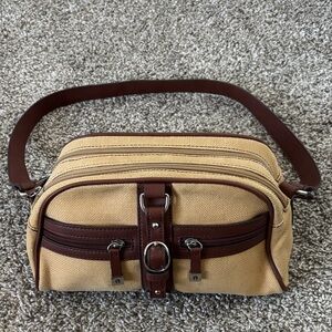 Vintage Etienne Aigner Tan and Brown Canvas & Leather Shoulder Bag